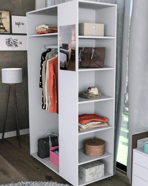 Meuble Dressing Penderie Blanc 8 Niches Miroir Roulettes (4) Meuble Dressing Penderie Blanc 8 Niches Miroir Roulettes
