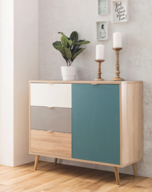 Rangement scandinave ARUBA Chêne gris bleu et blanc